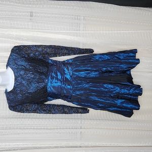 Vintage Black & Blue Lace  & Taffeta Formal Long-sleeved Cocktail Dress Sz8